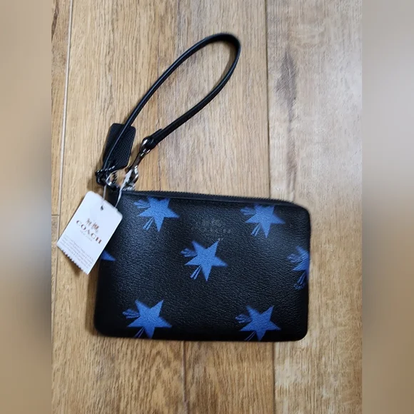 Coach Bags Nwt Coach Black Blue Stars Corner Zip Wristlet